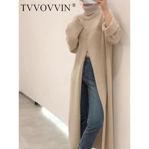 TVVOVVIN Women Turtleneck Split Sweater Dress Long Sleeve Knitted Maxi Dresses Loose Casual Long Ladies Dresses Winter 07BZ