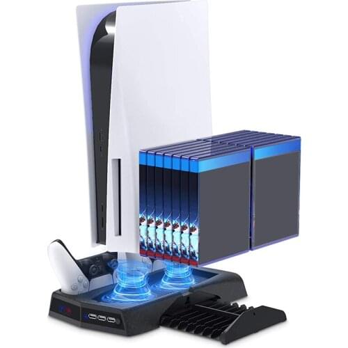 Vertical Stand with Cooling Fan Compatible with PS5 Console Charging Station Dock Gamepads with Dual Controller Charger Port