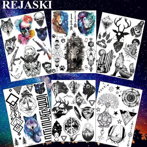 REJASKI Lion Tiger Galaxy Mountain Temporary Tattoos Sticker Black Geometric Diamond Fake Tatoos Art Custom Tattoo For Women Men