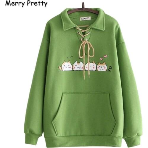 Merry Pretty Cotton Womens Cartoon Cat Print Harajuku Hoodies Sweatshirts 2020 Winter Turndown Collar Plus Velvet Tracksuit