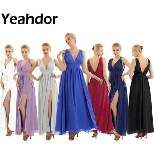 2019 Women Ladies Elegant Sleeveless Deep V Front Split Chiffon Long Bridesmaid Dress Wedding Party Vestidos Prom Gown Dress