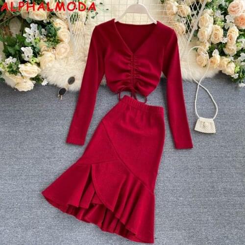 ALPHALMODA 2021 Spring Draw String T-Shirt + Ruffle Buttock Fishtail Skirt Womens Fashion 2pcs Suit Long-sleeved Skirt Sets