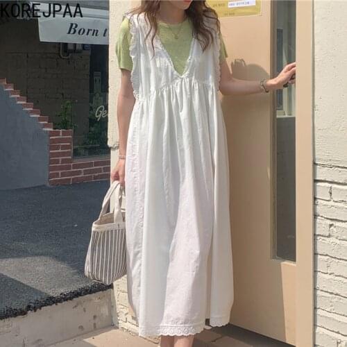 Korejpaa Women Sets 2021 Summer Korean Chic Ladies Sweet Fresh Temperament Round Neck Slim Knit Sweater Lace Sleeveless Dress