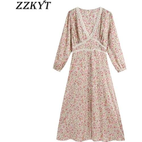 ZZKYT 2021 Women Spring Fashion Floral Print Midi Dress Vintage V-Neck Long Sleeve Single Breasted Female Casual Dresses Mujer