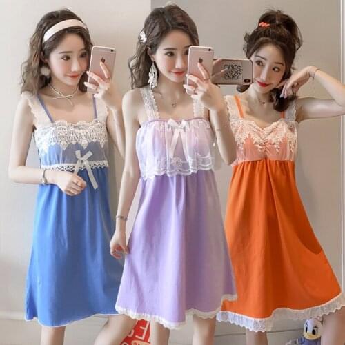 2021 Summer 100% Cotton Sexy Lace Lingerie Spaghetti Strap Nightgown for Women Nightdress Sleepwear Home Dress Night Gown Nighty