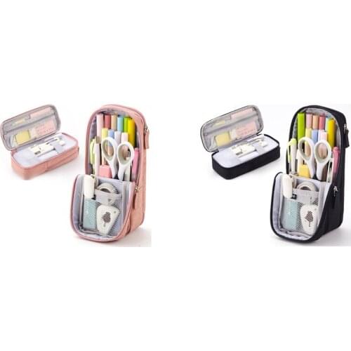 2X ANGOO Pen Bag Pencil Case Two Layer Foldable Stand Phone Holder Storage Pouch Pink & Black