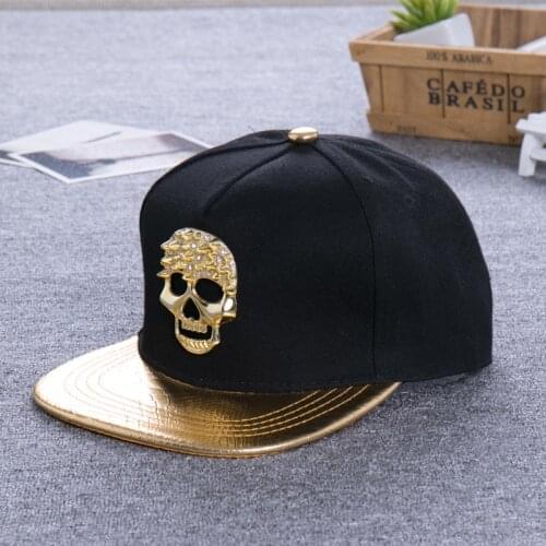 New Hot Fashion Snapback Men Flat Brim Golden Skull Jewel Multi Color Pattern PU Hip Hop Punk Baseball Cap Casual Street Trend