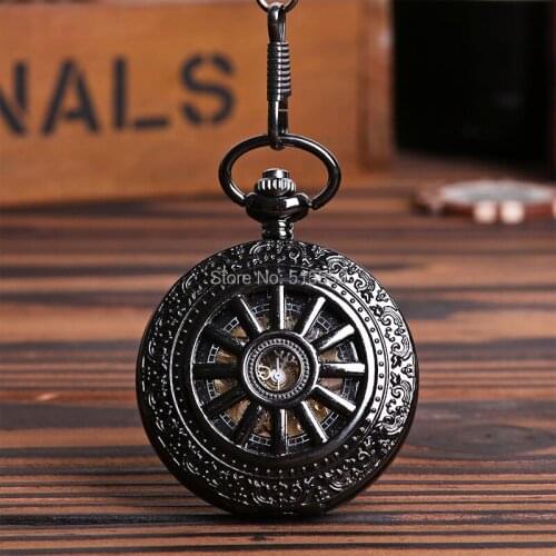 High Quality Free shipping Retro Mechanical Pocket Watch Cool Black Roman Dial Wheel Skeleton Watch Gift For Fathers Day