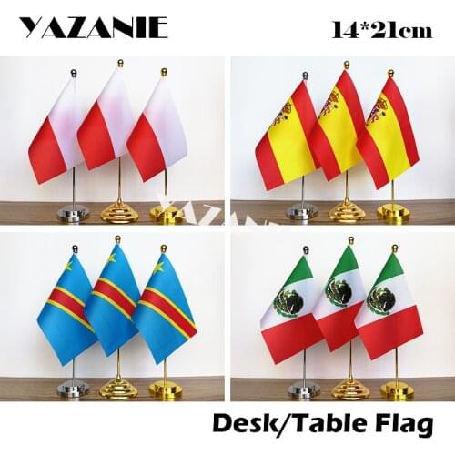 YAZANIE 14*21cm Poland Spain Custom Table Flag With Metal Base & Pole Mexico Democratic Republic of the Congo Office Desk Flag
