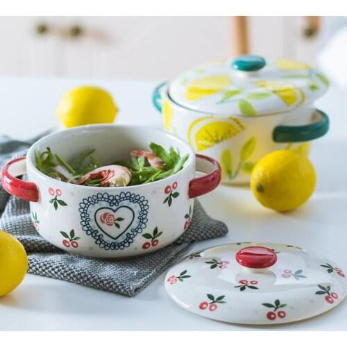 European Ceramic Hand Painted Cherry Instant Noodle Bowl with Lid Creative Household Large Cute Soup Bowl Kitchen Tableware