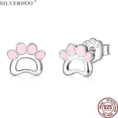SILVERHOO S925 Sterling Silver Pink Epoxy Earrings For Women Hollow Cute Puppy Footprint Stud Earring Charming Dating Jewelry