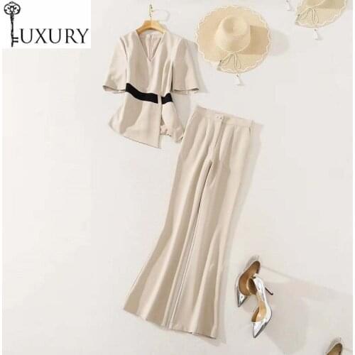 Quality New Womens Top Set 2020 Autumn Business Suit Woman V-Neck Color Block Patchwork Short Sleeve Tops Coat+Long Pant Sets