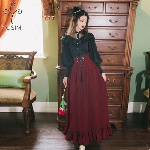 YOSIMI Two Piece Outfits 2020 Autumn Black Full Sleeve Shirt and Striped Skirt and Top Set Long Sleeve Shirt 2 Piece Set Women