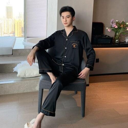 Ice Silk Satin Men Pyjamas Sets Sexy V-Neck Cardigan Button Sleepwear Full Sleeve&pants Nightwear Print Pajamas 2PCS Loungewear