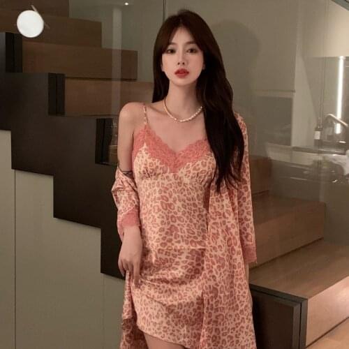 Pink Leopard Robe Set Sexy Lace 2PCS Sleepwear Women Satin Kimono Gown Summer New Sleep Set Femme Nighty&Robe Set Home Wear
