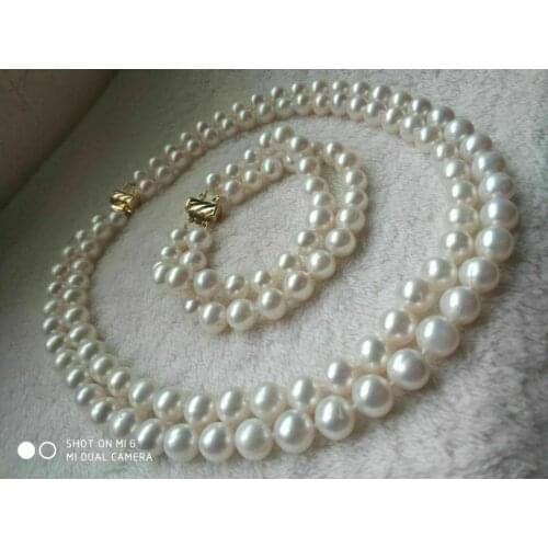 Beautiful double stand 9-10mm 2 Strands AAA Real South Sea White Pearl Necklace&Bracelet