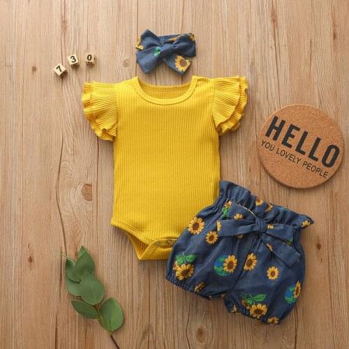 Baby Summer Clothing Girl Floral Clothes Kids Short Sleeve Romper Newborn Jumpsuit+Girls Sunflower Tutu Shorts 3Pcs Outfits Set