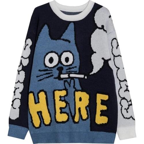 Men Anime Sweater Cartoon Funny Cat Print O-Nec Pullover Sweaters Men Soft Slim Casual High Street Fashion Autumn Streetwear