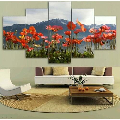 Wall Art Pictures Decoration Frame Living Room 5 Panel Snow Mountain Red Poppies Flower Home Posters Modern HD Printed Painting