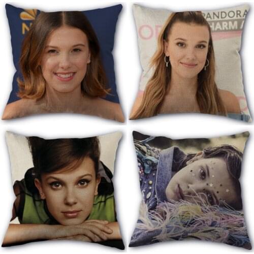 Nice Millie Bobby Brown Pillowcase Cotton Linen Fabric Square Zipper Pillowcase New 45X45cm Wedding Decorative Pillow cover 0331