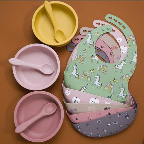 Food Grade Adjustable Silicone Baby Bib Soft Saliva Towel Feeding Training Silicone Tollder Plate Spoon For Children