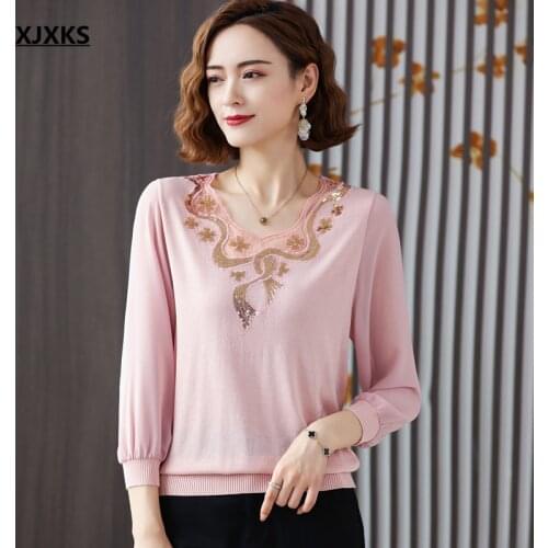 XJXKS 2021 autumn new women thin sweater high quality wool knitted stitching chiffon sleeve women sequin sweater