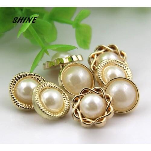 SHINE 6PCs Metal Sewing Buttons Scrapbooking Round Single Hole imitation pearl 12\13\14mm Costura Botones Decorate