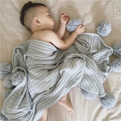 100% Cotton Knitted Decor Throw Blanket with PomPoms for Kids Baby available in 3 Colors Gray Cream Pink Crotched Blankets