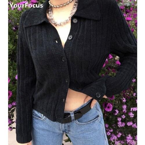 Fall punk kawaii short pull femme sweter black vertical stripes turn-down collar crop sweater women Chenille knitted cardigan