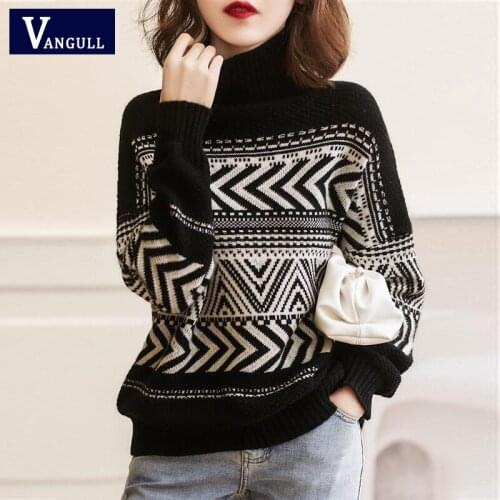 Vangull Simplicity Style Striped Sweater Women Autumn New Knitted Turtleneck Loose Pullover Sweater Long Sleeve Oversize Jumpers