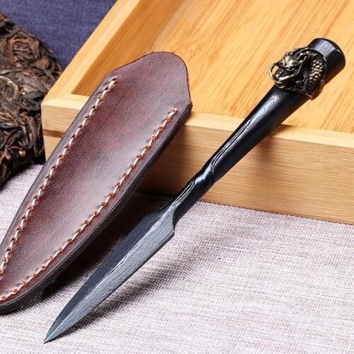 Vintage Tea Knife Handmade Damascus Steel Knife Pry Tea Tool Cutter China Kung Fu Teaware Accessories Dragon Decor Crafts Gift