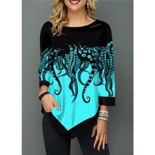 Women Irregular Hem Printed Casual Round Neck 3/4 Sleeves Plus Size Cotton T-Shirt Summer Spring Loose Pullover