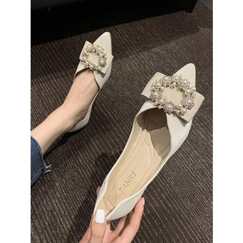 Womens shoes spring 2021 new shallow mouth pearl flash diamond shallow mouth soft flat shoes
