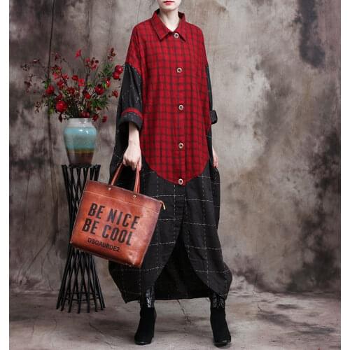 Women Spring Autumn Plaid Cotton Linen Trench Coat Outwear Ladies Irregular Plus Size Topcoat Female Long Coat