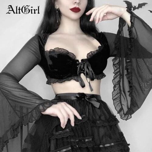 AltGirl Mall Gothic Velevt T-shirt Women Vintage Punk Dark Pastel Goth Bandage Mesh Flare Sleeve Crop Top Emo Alt Indie Clothes