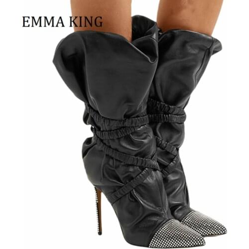 2021 Spring Women Mid Calf Boots Black Faux Leather Crystal Embellished Boots 12cm Thin Heels Elasticate Straps Botas De Mujer