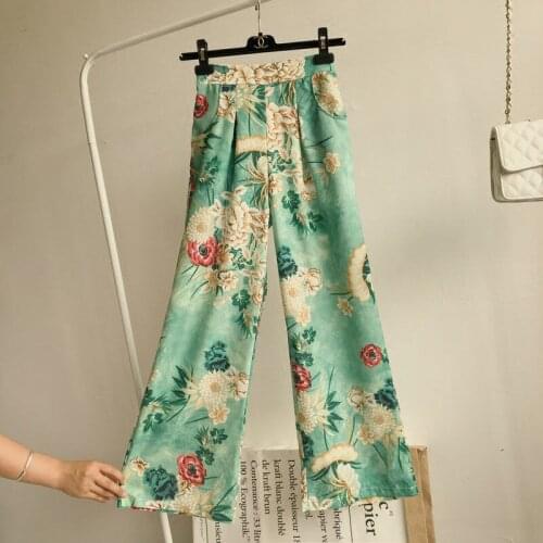 2021 Spring Summer Women Wide Leg Pants Elegant Floral Loose Vintage Korean Style Casual High Waist Fashion Long Trousers M239