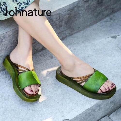Johnature Women Shoes Genuine Leather Summer Slipper 2021 New Slides Outside Wear Wedges Handmade Platform Ladies Weave Slippers