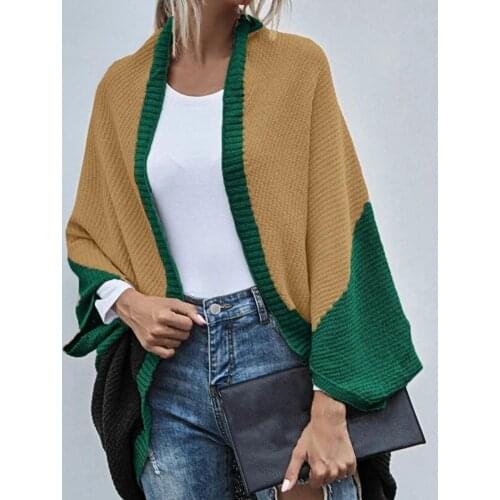 Women Cardigan Long Sleeve Fashion Jumpers Batwing Sleeve Color Block Shawl Ladies Casual Cardigan Coat Loose Streetwear Autumn