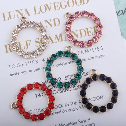 10pcs 27*32MM Fashion DIY crystal circle charms for bracelet, metal alloy rhinestone round tag pendants dangle jewelry making