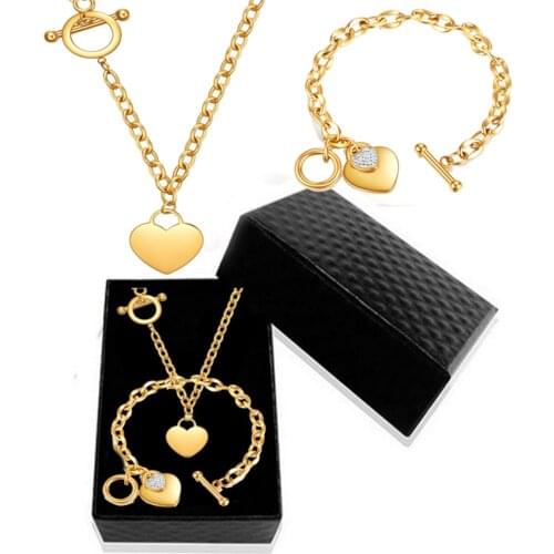 316L Stainless Steel OT Buckle Love Stainless Steel Heart-shaped Bracelet Necklace Set, Non-fading Ladies Jewelry Set