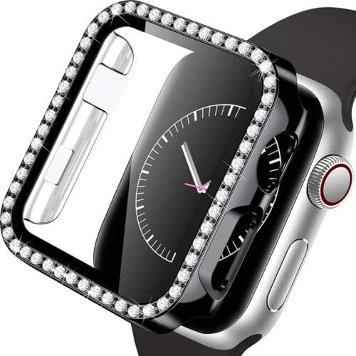 Watch Accessories For Apple Watch 6 Case SE 44mm 40mm Bling Diamond Frame Tempered Glass Screen Protector For iWatch Series 5 4