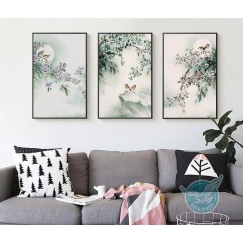 Chinese Ink Canvas Paintings Freehand Bird Flower Decorative Paintings 3 Pieces Canvas Paintings Decoration for Room Unframed