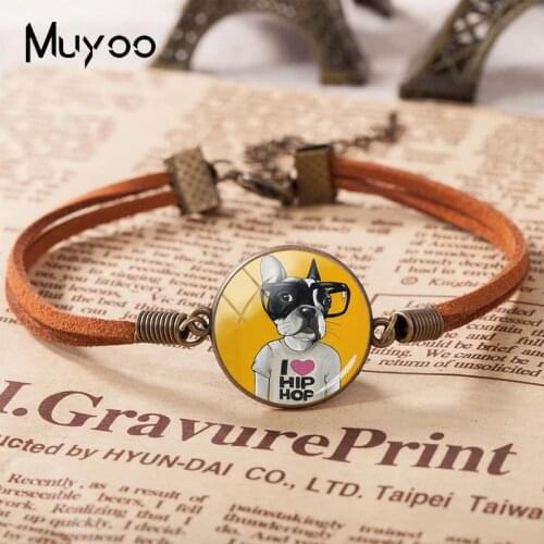 2019 New French Bulldog Leather Bracelet Funny Puppy Dog Painting Bracelets Art Glass Jewelry Handmade Leather Bracelets