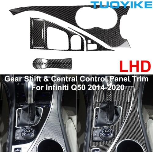 LHD RHD Car Styling Real Carbon Fiber Central Console Gear Shift Panel Trim Cover Storage Box Sticker For Infiniti Q50 2014-2020