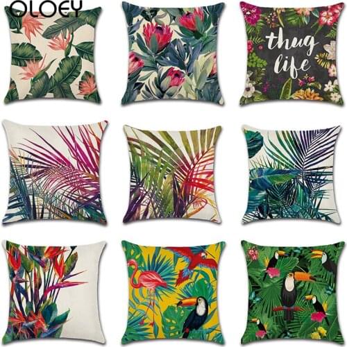 Linen Pillow Case Tropical Plants Palm Leaf Green Leaves Monstera Cushion Covers Flower Cushion Cover Decorative Beige
