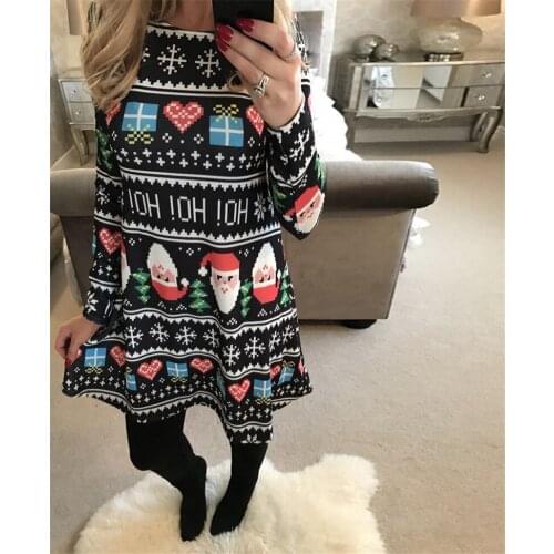 Cartoon Santa Claus Print Sweet Casual Snowman Loose A-line Dress New Year Christmas Party Autumn Winter Womens Dresses Vestidos