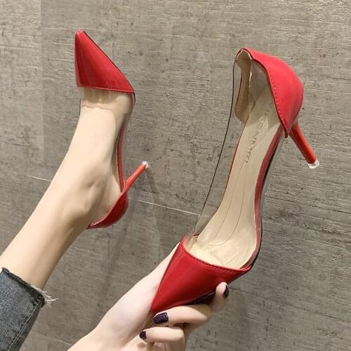 Patent leather 8.5CM high heels 2021 new Korean version of transparent pointed pump womens shoes sexy stiletto shoes