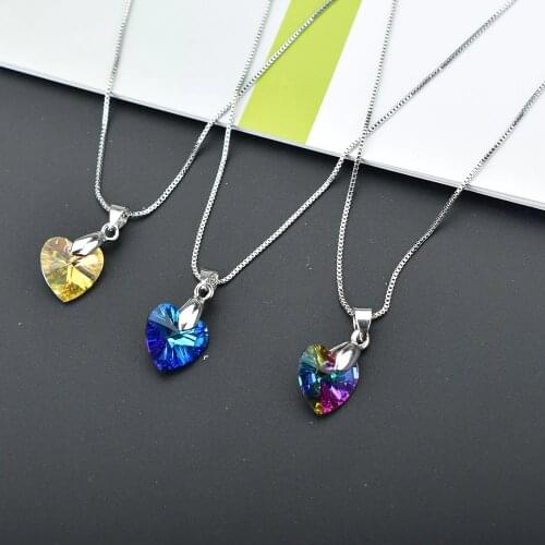 Multicolored Crystal Necklace For Women Geometric Heart Pendants Necklaces Blue Jewelry Wedding Party Gift collares