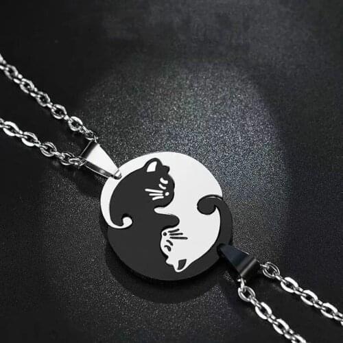 Cat Couple Necklaces Stainless Steel Animal Pendant Yin Yang Necklace Heart Couples Friendship Jewelry for Lovers Best Friends